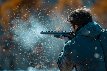 Dynamic Moment of a Menacing Hunter Aiming at Clay Targets in an Autumn Landscape