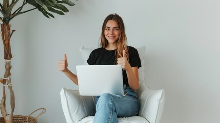 Wall Mural - The Cheerful Woman with Laptop