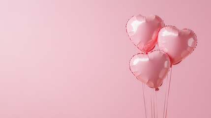 Three glossy pink heart-shaped balloons against a soft pink background.