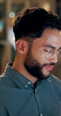 Leinwandbilder - Thinking, computer and business man at night online for website, internet or research project. Corporate, professional and person with inspiration, ideas and solution for proposal, planning or report