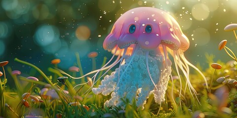 jellyfish 3D animation cartoon style, colorful, happy, friendly, 3d cartoon, nature, outdoors 