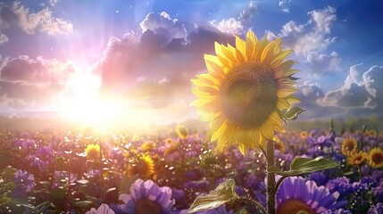 Wall Mural -   A sunflower in the midst of a sea of purple and yellow blossoms beneath a cerulean sky