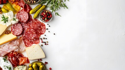 Wall Mural - A realistic top view of a classic Italian antipasto platter with cured meats, cheeses, olives, and marinated vegetables, set on a white background, Italian food