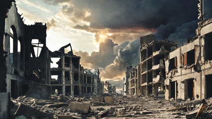 Wall Mural - Destroyed city that was bombed by the enemy, widescreen 16:9, 300 dpi, with space for text