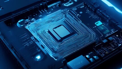 Poster - Examining a computer chip illuminated by blue LED lights in a high-tech laboratory setting.