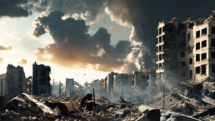 Destroyed city that was bombed by the enemy, widescreen 16:9, 300 dpi, with space for text