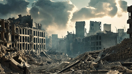 Wall Mural - Destroyed city that was bombed by the enemy, widescreen 16:9, 300 dpi, with space for text