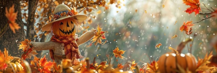 Wall Mural - Scarecrow and delighted girl in the garden during Autumn harvests