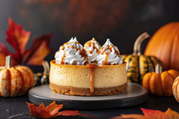 Delicious pumpkin cheesecake topped with caramel and whipped cream, perfect for fall celebrations and autumn desserts.