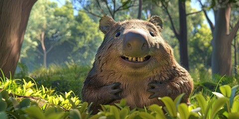 wombat 3D animation cartoon style, colorful, happy, friendly, 3d cartoon, nature, outdoors 