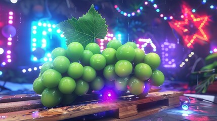 Poster -   Green grapes on wooden board with a green leaf on one grape