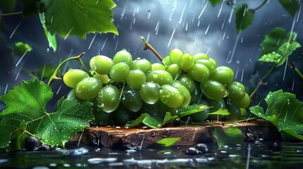 Poster -   A group of grapes resting on wooden plank beside a lush green foliage during light drizzle