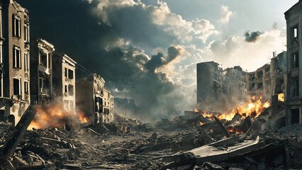 Destroyed city that was bombed by the enemy, widescreen 16:9, 300 dpi, with space for text