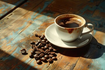 Poster - A simple setup featuring a cup of coffee and some coffee beans on a table
