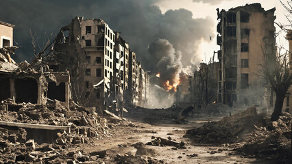 Wall Mural - Destroyed city that was bombed by the enemy, widescreen 16:9, 300 dpi, with space for text