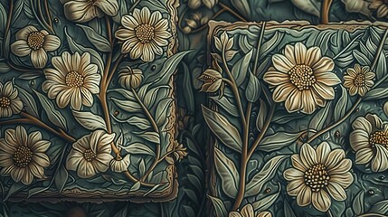 Wall Mural -   A painting of a flower on a cloth with leaves and flowers surrounding it