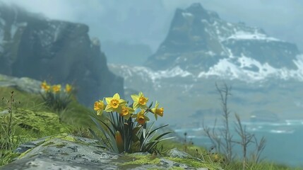 Wall Mural -   A hillside of yellow flowers sits atop a grassy knoll, overlooking a serene lake and distant mountain range