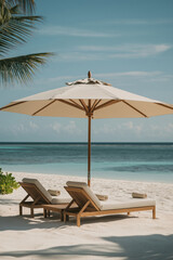 Wall Mural - Sun loungers with umbrella on a tropical sandy beach with blue ocean view