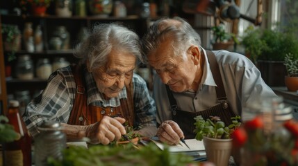 An elderly retired couple is sitting at home on the couch and reading a book. Pensioners read a book at home at the table