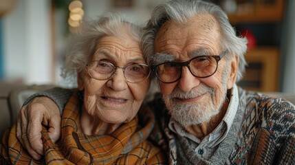 Wall Mural - An elderly couple in their home. Happy retirees looking at the camera. Mature, man and woman smiling and caring for each other