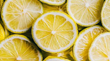 close up shot of lemon slices, showcasing their vibrant yellow color and juicy texture, perfect for making sparkling water or taking up space in the background