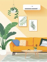 Fototapete - This stylish living room showcases a vibrant sofa, decorative plants, and an air conditioner, creating a comfortable and inviting atmosphere. Generative AI