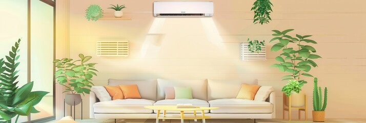 Aufkleber - A contemporary living room showcases a sleek air conditioner, cozy couch, and vibrant indoor plants basking in warm sunlight. Generative AI