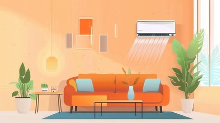 Fototapete - This living room boasts a modern design with vibrant colors, featuring a mounted air conditioner and comfortable seating for relaxation. Generative AI