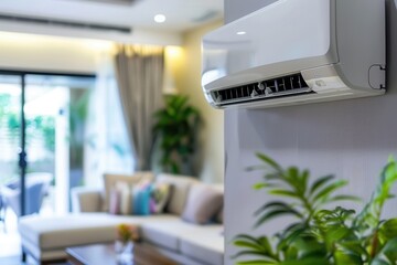 Leinwandbilder - A contemporary living room showcases elegant furnishings, natural light, and an air conditioner mounted on the wall for comfort. Generative AI