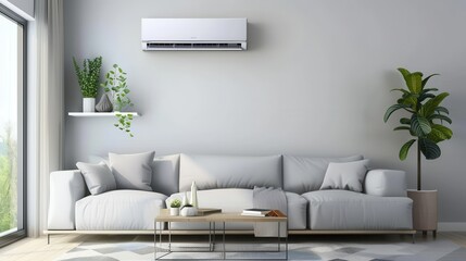 Fototapete - This modern living room showcases a sleek design with a comfortable sofa, decorative plants, and an air conditioner thoughtfully mounted on the wall. Generative AI