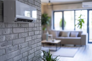 Aufkleber - A modern living room showcases a stylish design with an air conditioner mounted on the wall, complemented by plants and comfortable furniture. Generative AI