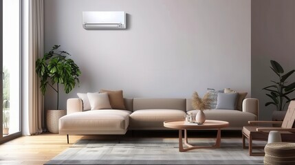Poster - A stylish and modern living room features a wall-mounted air conditioner, comfortable sofa, and decorative elements for a cozy ambiance. Generative AI