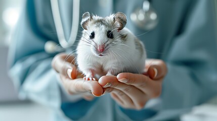 Veterinarian holding hamster close up on white background pet care and treatment concept banner