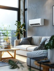 Aufkleber - Stylish living room features a mounted air conditioner, a cozy sofa, and indoor plants, enhanced by radiant natural light from large windows. Generative AI