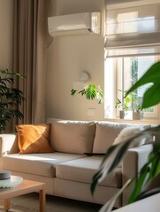 Fototapete - A modern living room showcases a cozy couch, vibrant plants, and a wall-mounted air conditioner, illuminated by bright natural light from the window. Generative AI