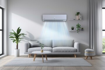 Fototapete - A modern living room showcases a cozy sofa, fresh plants, and a mounted air conditioner, all bathed in bright natural light. Generative AI