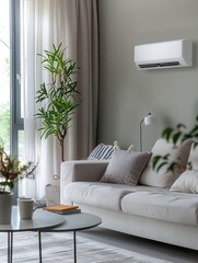 Poster - This modern living room showcases a stylish design with a wall-mounted air conditioner, a cozy sofa, and decorative plants enhancing the atmosphere. Generative AI