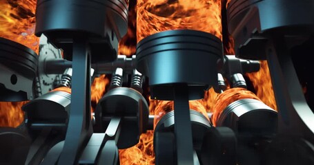 Leinwandbilder - Powerful V8 Engine Parts Inside Of Flames. Pistons And Crankshaft Moving. Industry Related High Quality 3D 4K Animation.