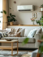 Aufkleber - A modern living room features a comfortable sofa adorned with decorative pillows, enhanced by a mounted air conditioner and lush plants. Generative AI