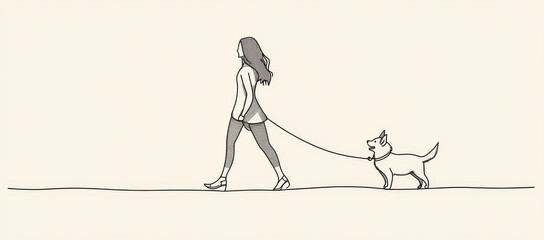 Single line drawing of a woman walking a dog in line art modern style