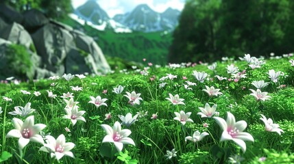 Poster -   White and pink flowers surround a large rock in the forest, with a majestic mountain range visible in the distance