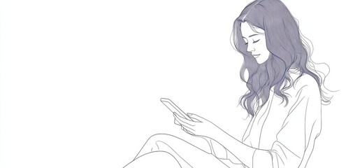 An illustration of a young woman or teenager using a smartphone with a single line drawing of a modern line art illustration of a young woman or teenager