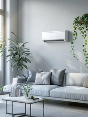 Leinwandbilder - A modern living room features a sleek air conditioner on the wall, surrounded by lush plants and a cozy couch, creating a serene and inviting atmosphere. Generative AI