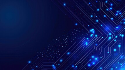 Wall Mural - Futuristic digital background with glowing blue circuit lines and nodes on a deep blue backdrop, perfect for technology themes.