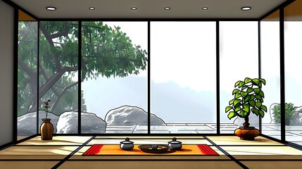 Sticker -   Spacious room featuring a substantial window, table with a pot, and a vase containing a tree