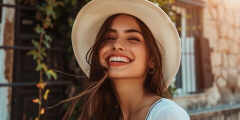 Wall Mural - A woman wearing a white hat and smiling. She has her mouth open and is wearing a necklace