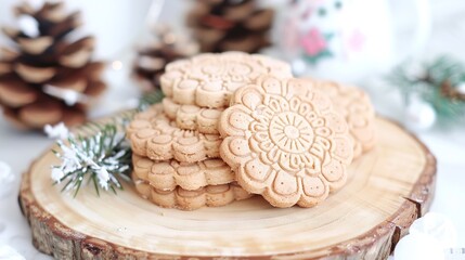 Canvas Print -   A stack of cookies sits atop a wooden slab beside pinecones and a single pine cone