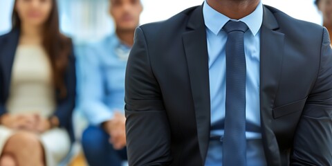 A man in a suit and tie is sitting in a room with other people. He is the only one wearing a tie