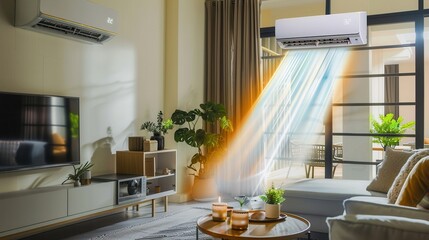 Poster - This stylish living room showcases modern decor, a mounted air conditioner, and sunlight streaming through large windows, creating a warm, inviting atmosphere. Generative AI