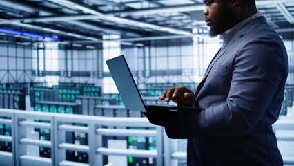 Poster - software developer in server hub checking recovery plan on laptop, monitoring hardware energy consum